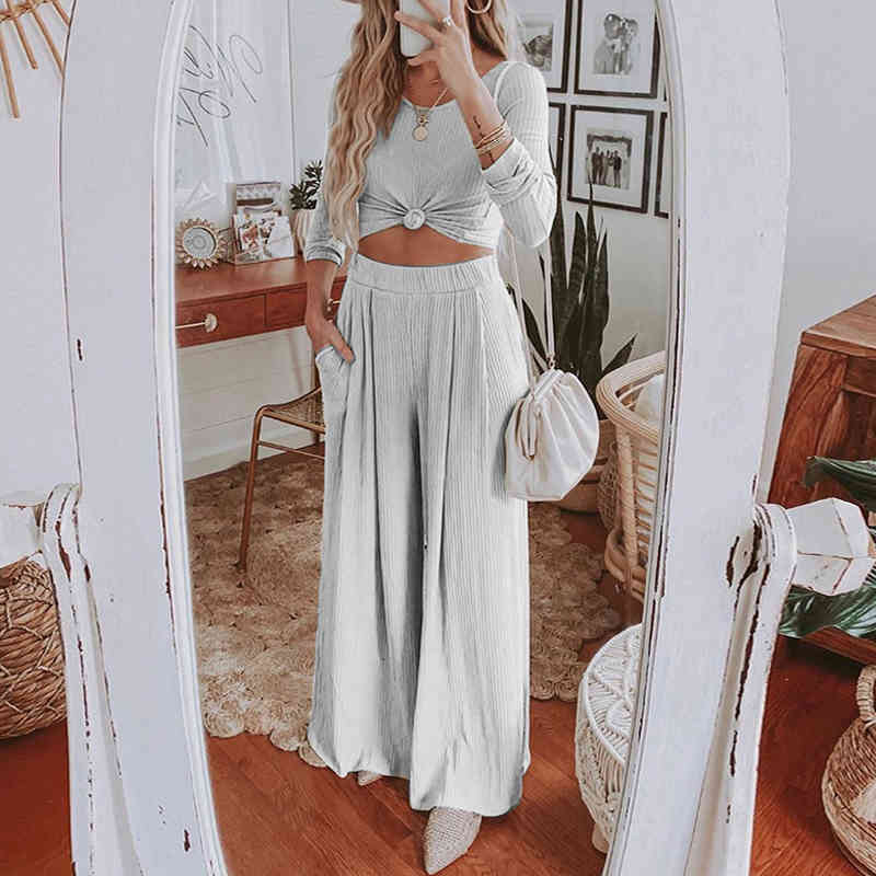 Winter Casual Set Pants Set Women O Neck Casual Crop top + High Waist Pants Vintage Women 2 Piece Set Home Suit Female 210515