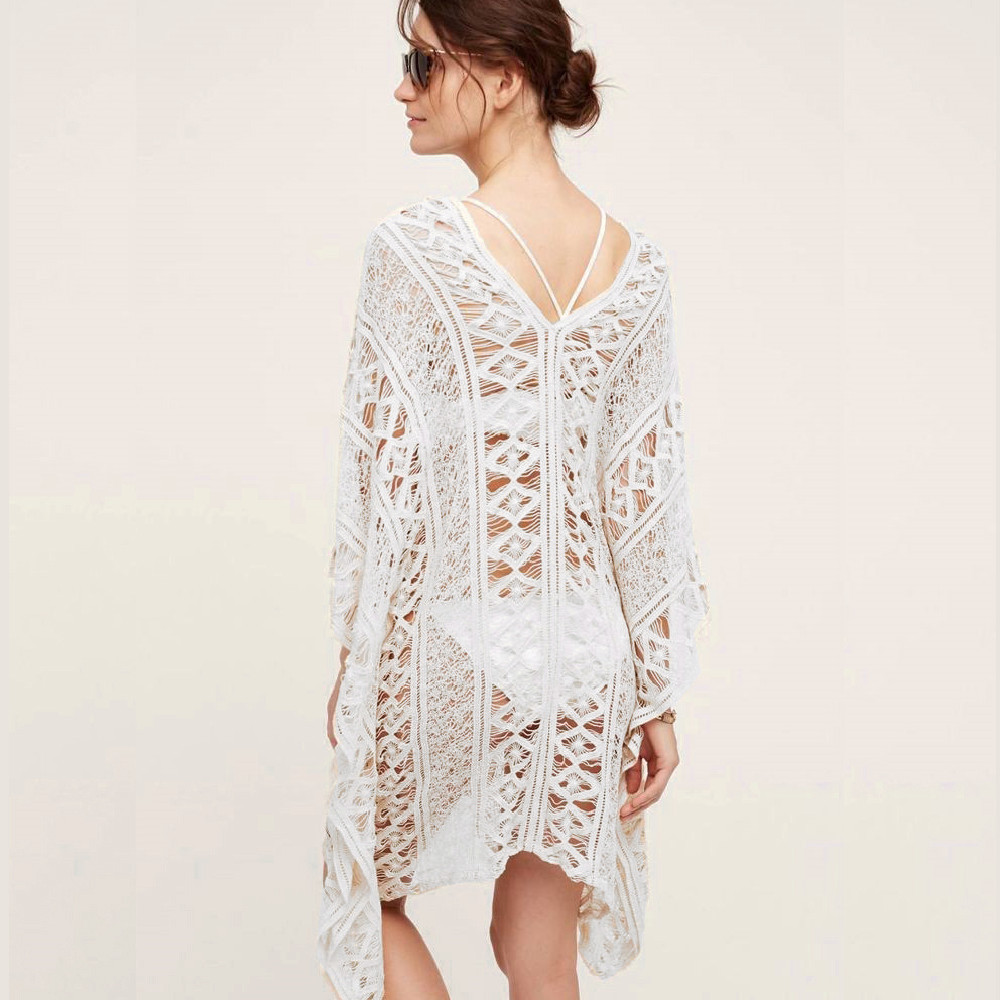 Sexy Hollow Out Bats Sleeve Summer Dress Beach Cover Up Plus Size Women Beachwear White Lace Tunic Bikini Cover-ups Q889 210420