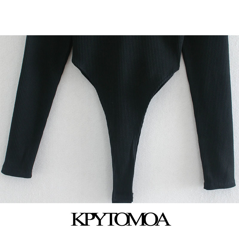 Women Sexy Fashion Hollow Out Ribbed Bodysuits Vintage High Neck Long Sleeve Female Playsuits Chic Tops 210416