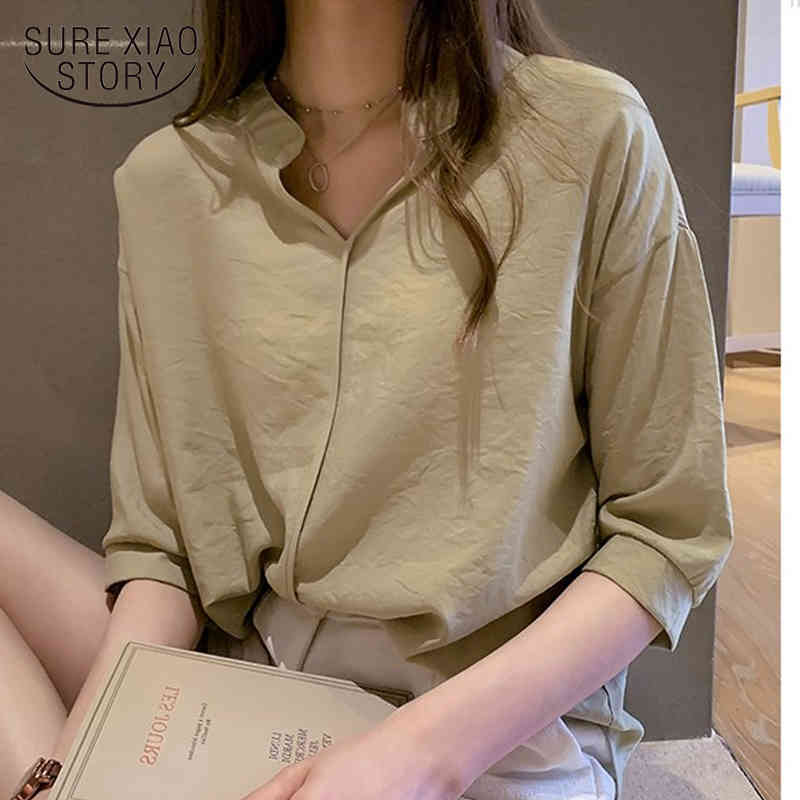 Casual Loose V Neck Blouse Women Summer Pullover Ladies Tops Blusas Office Plus Size Solid Elegant Chiffon Shirt 9998 210506