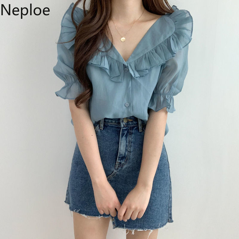 Neploe Korean Summer Shirts Chic Ruffles Elegant Blouses Women Clothes Sweet Puff Lseeve Chiffon Tops Blusas Mujer De Moda 210422