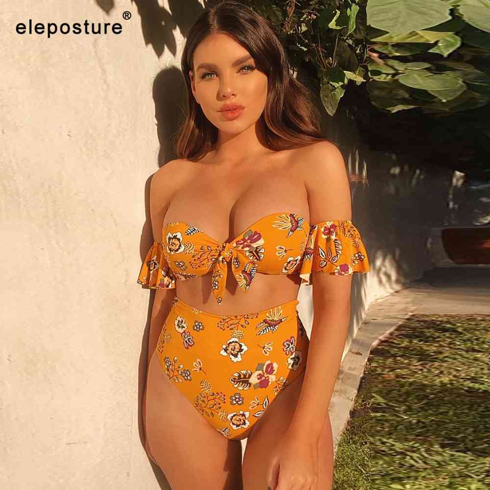 Sexy Off Shoulder Ruffle Bikini Women Plus Size Swimwear High Waist Swimsuit Floral Printed Bathing Suits Summer Beach Wear 210521