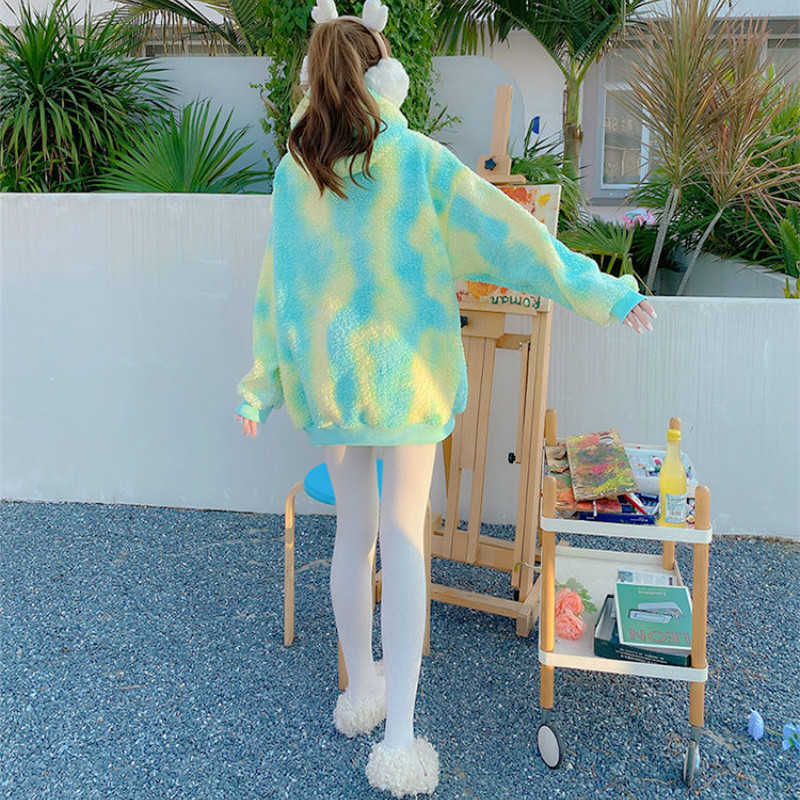 Winter Rainbow Kawaii Fur Hoodies Women Warm Sweet Oversized Hoodie Female Harajuku High Street Korean Sweatshirt Women 210816
