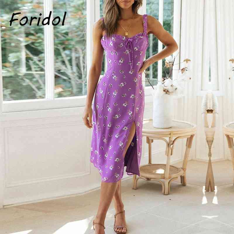 Fashion Purple Floral Boho Beach Style Long Dress for Women Summer Sundress Lace Up Holiday Casual Midi Dress Vestido De Mujer 210415