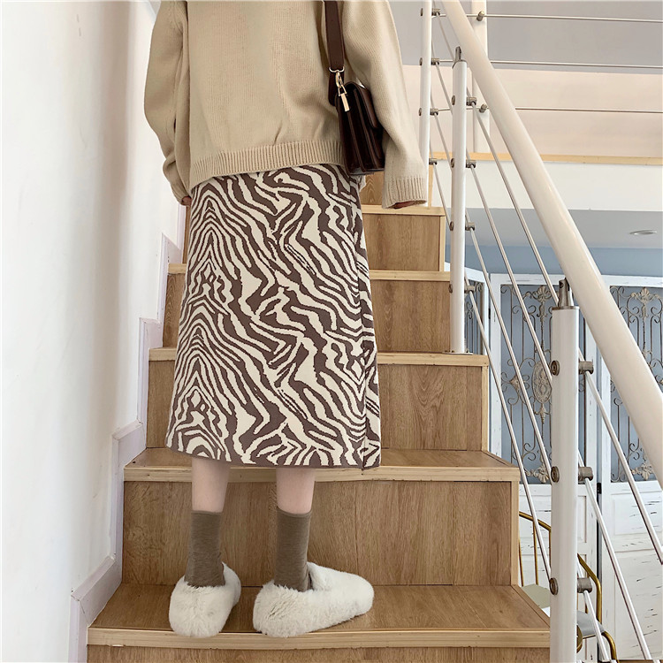 Nomikuma Korean Leopard Women Sweater Skirt High Waist A-line Split Knitted Skirts Autumn Winter Thick Faldas Mujer 6D077 210427