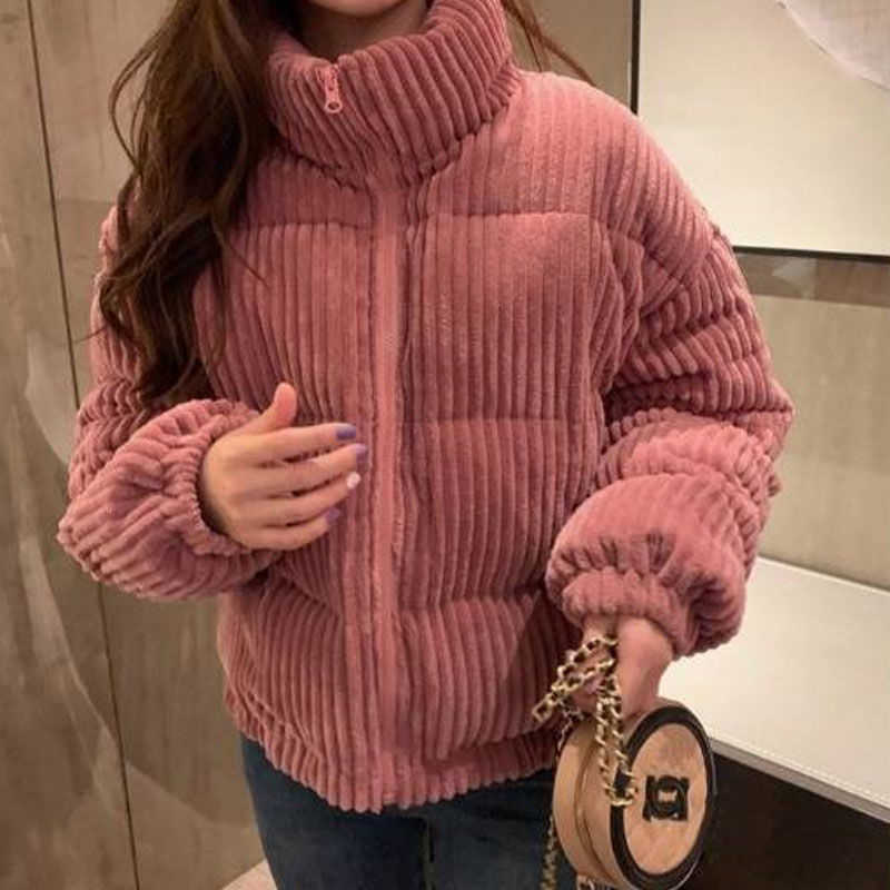 Women Corduroy Warm Loose Casual Jacket Female Short Outwear Puffer Coat Ladies Thick Lining Bomber Winter and Autum Jackets 211014