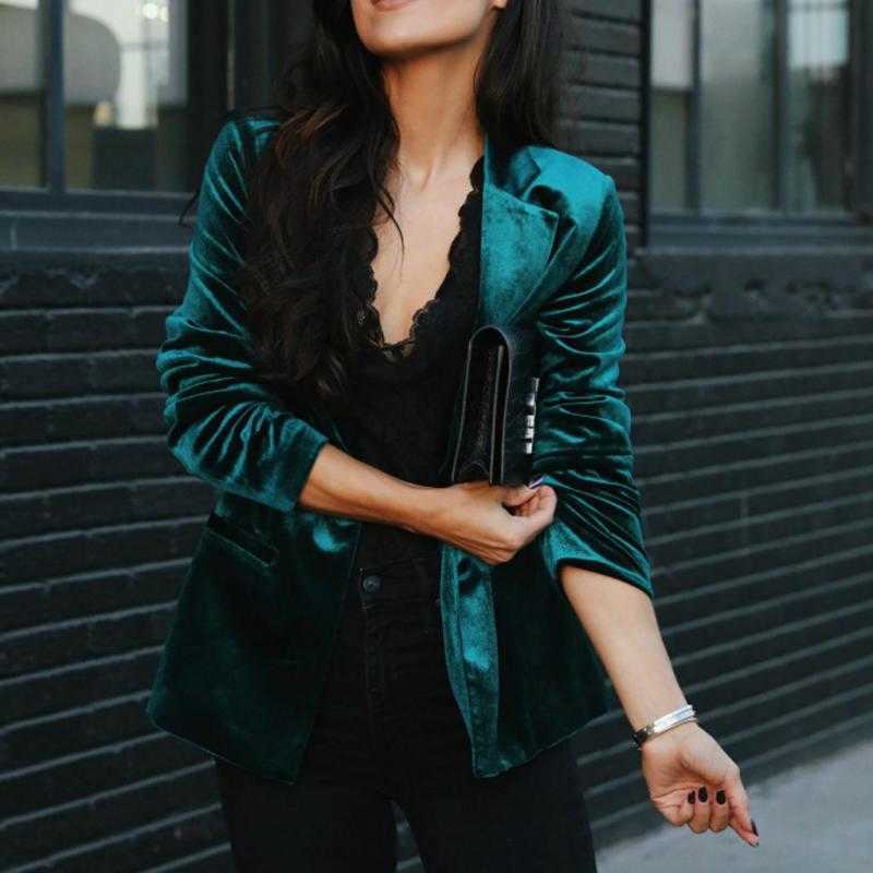 Women Blazer Velvet Coat Single Breasted Long Sleeve Ladies Black Jacket Fashion Women's Slim Suit 210524