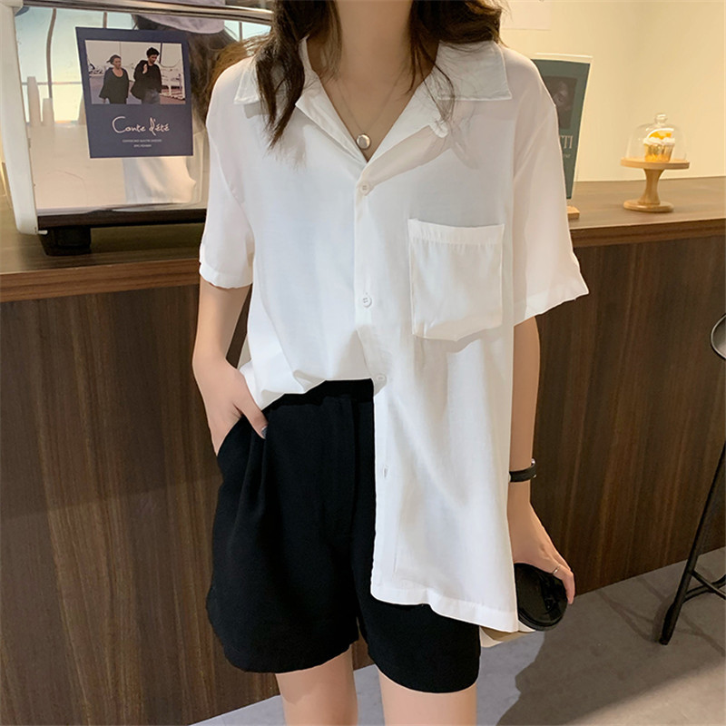 OL Chic Elegant Loose Shirt Women Summer Blouses Office Lady Wear Solid Casual Short Sleeve Outwear Tops Blusas 210421