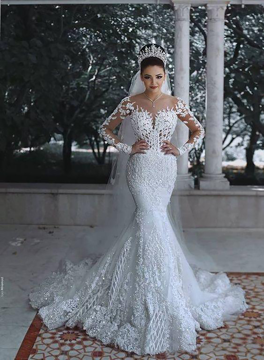 2021 Vintage Mermaid Scoop Wedding Dresses Long Sleeves Applique Lace up Bridal Wedding Gowns Bride Dress