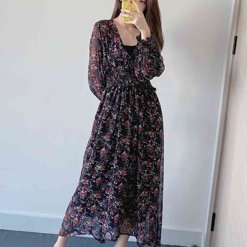Women Floral Printing Chiffon V Neck Lantern Sleeve Midi Dress Female Loose Clothes Casual Lady Vestido D6693 210430Z