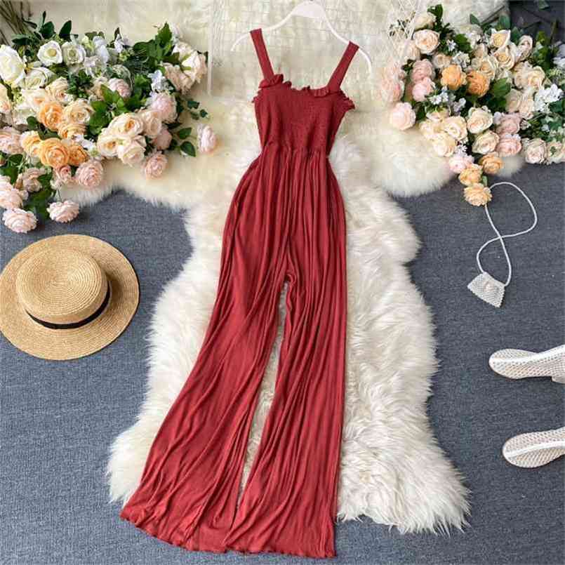 Women Jumpsuit Summer Elastic Pleated Waist Slimming Wide Leg Overalls L625 210527
