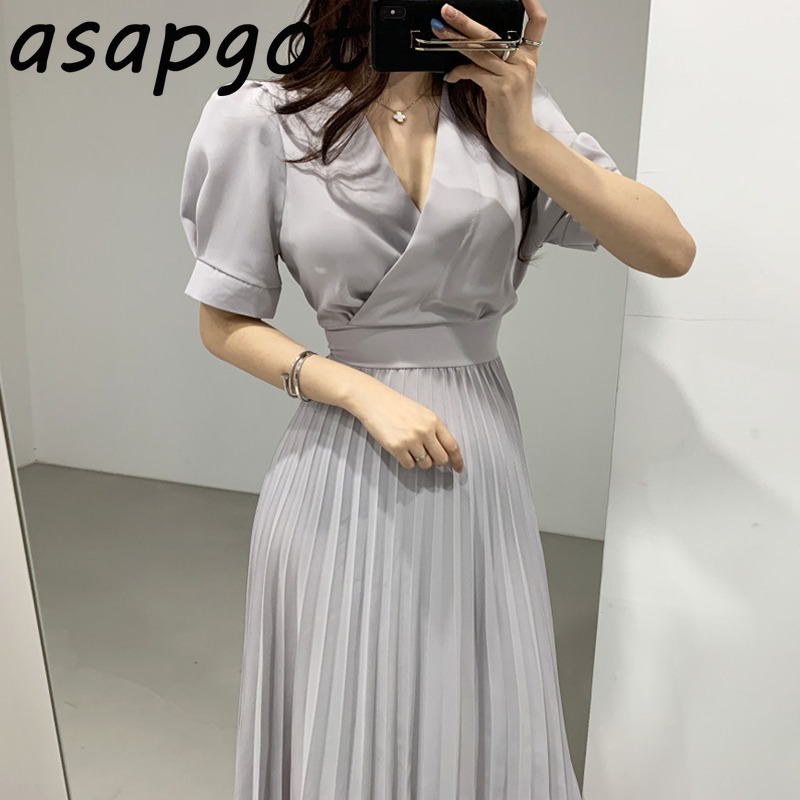 Korean Chic Summer Solid Oversize V Neck Bandage Waist Short Sleeve Pleated Dress Women Vestidos De Mujer Elegant Temperament 210429