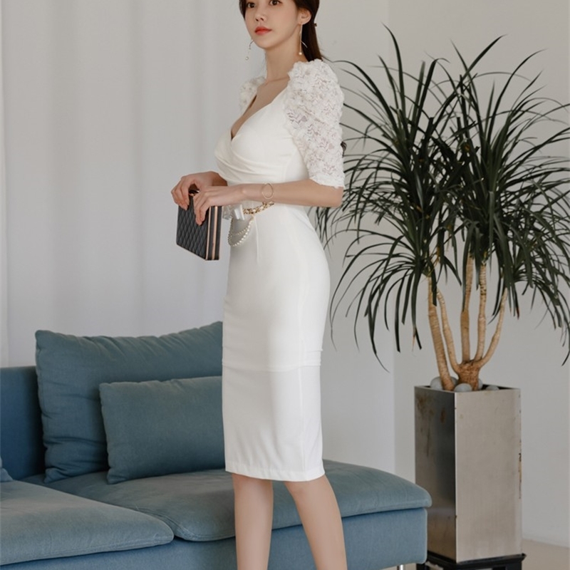Fashion V-Neck Lace Puff Sleeve Women Pencil Dress Summer Solid Office OL Female White Bodycon es Vestidos femme 210519