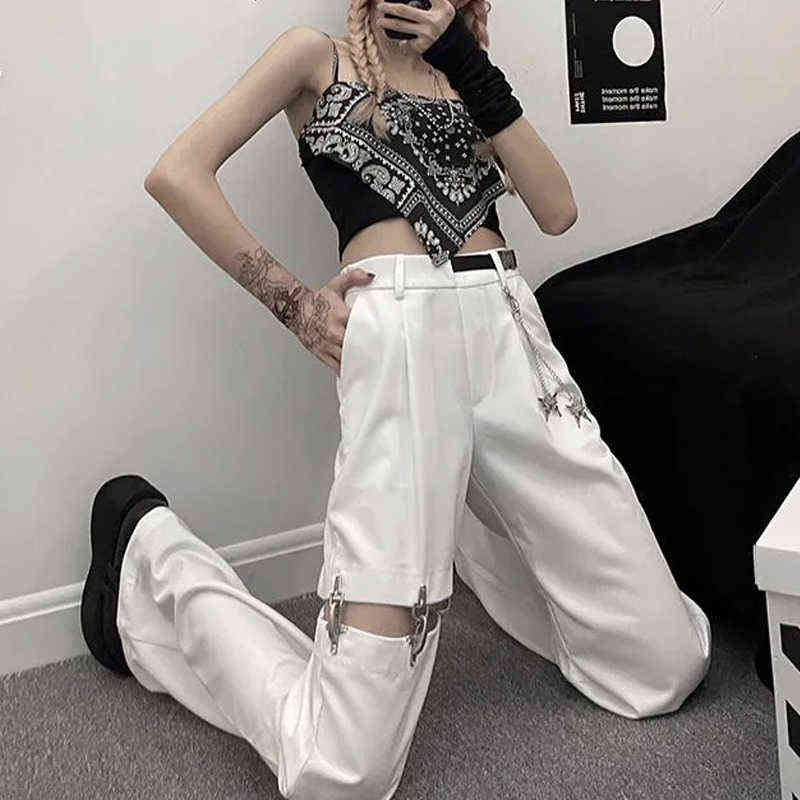 Fashion High Waist Wide Leg Pants Street Harajuku Black Trousers Women Plus Size Casual Loose Pant (with Belt and Chain) 211115