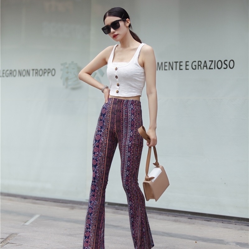 Ethnic Geometric Striped Floral Print Flare Pants Women Bohemian Tribal African Hippie Bell Leggings Bottom Long Trousers 210429
