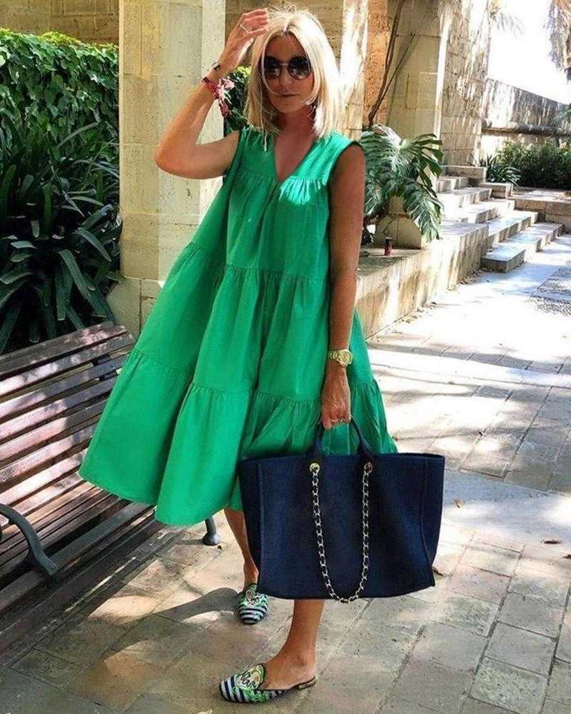 Women Dress V-neck Sleeveless Green Vintage Dresses Plus Size Loose Casual Long Summer Clothes 210524