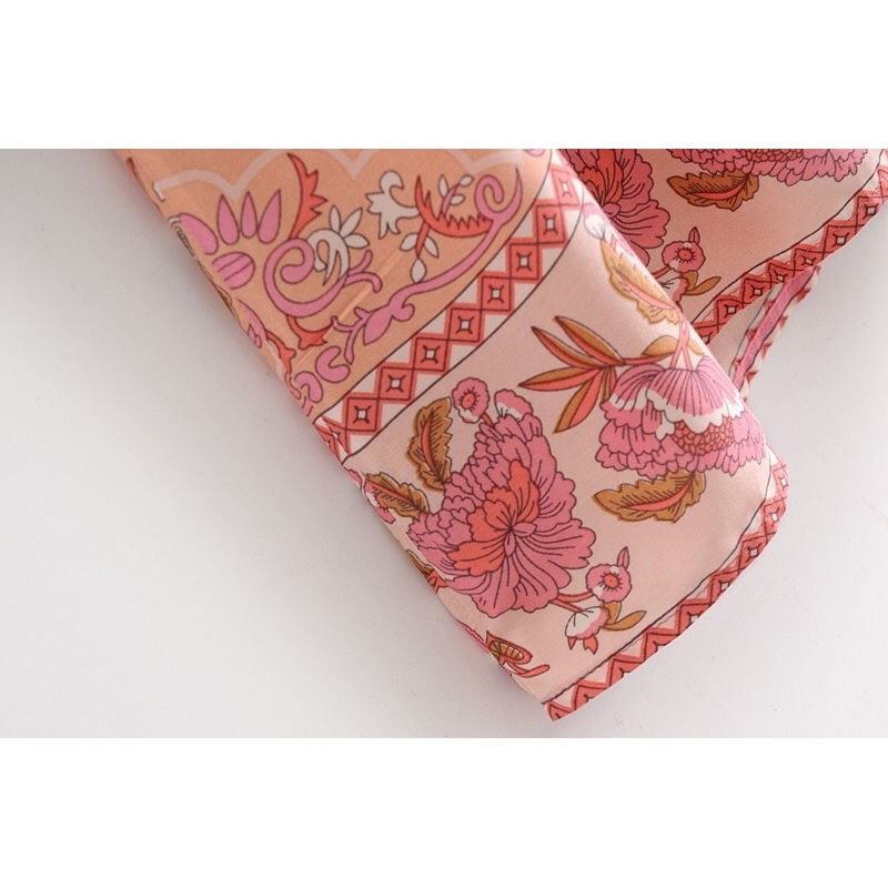 Bohemia Bandage Lacing up Collar Contrast Pink Flower Print Midi Dress BOHO Woman Long Sleeve Holiday Dresses Beach 210429