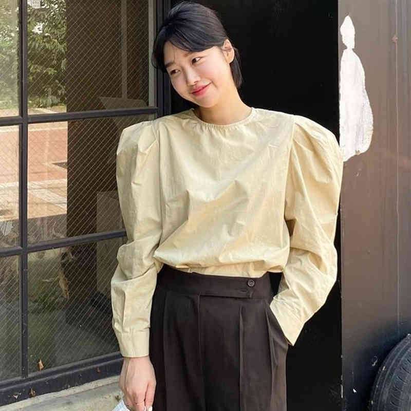 Nomikuma Korean Puff Long Sleeve Women Blouse Causal O-neck Pullover Top Autumn New Solid Blusas Mujer De Moda Verano 6D577 210427