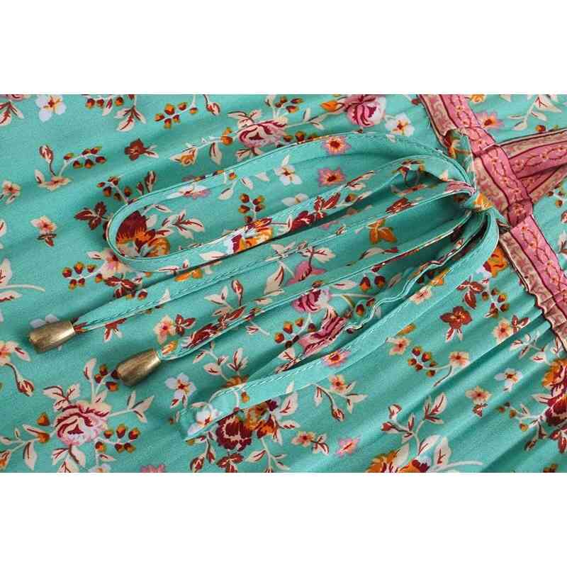 Turquoise Buttons V neck Floral Print Long Sleeve BOHO Dress Hippie Woman Adjustable Lacing up Waist Short Holiday Dresses 210429