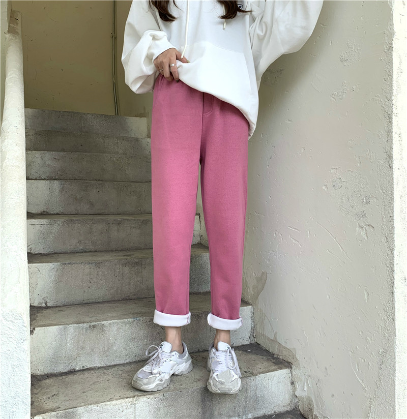 Nomikuma Autumn New Women Pants Plus Velet Causal Stretch High Waist Trousers Femme Korean Solid Long Thicken Pants 6C796 210427