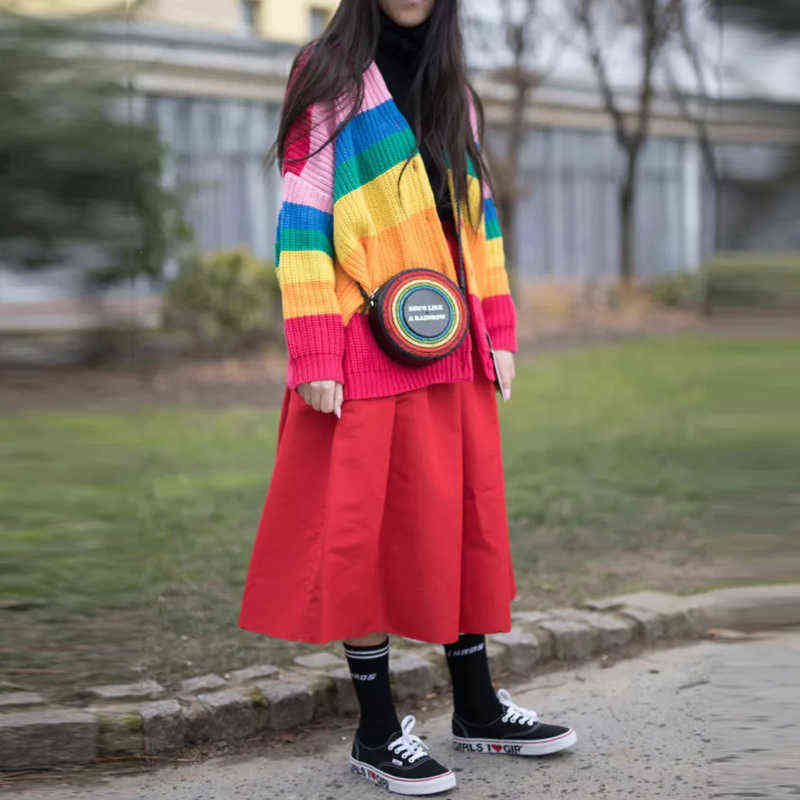 Lazy BORING Emboridery Rainbow Striped Cardigan Oversized Long Sleeve Knit Top Womens Sweaters Cardigans Harajuku Outift / 211117