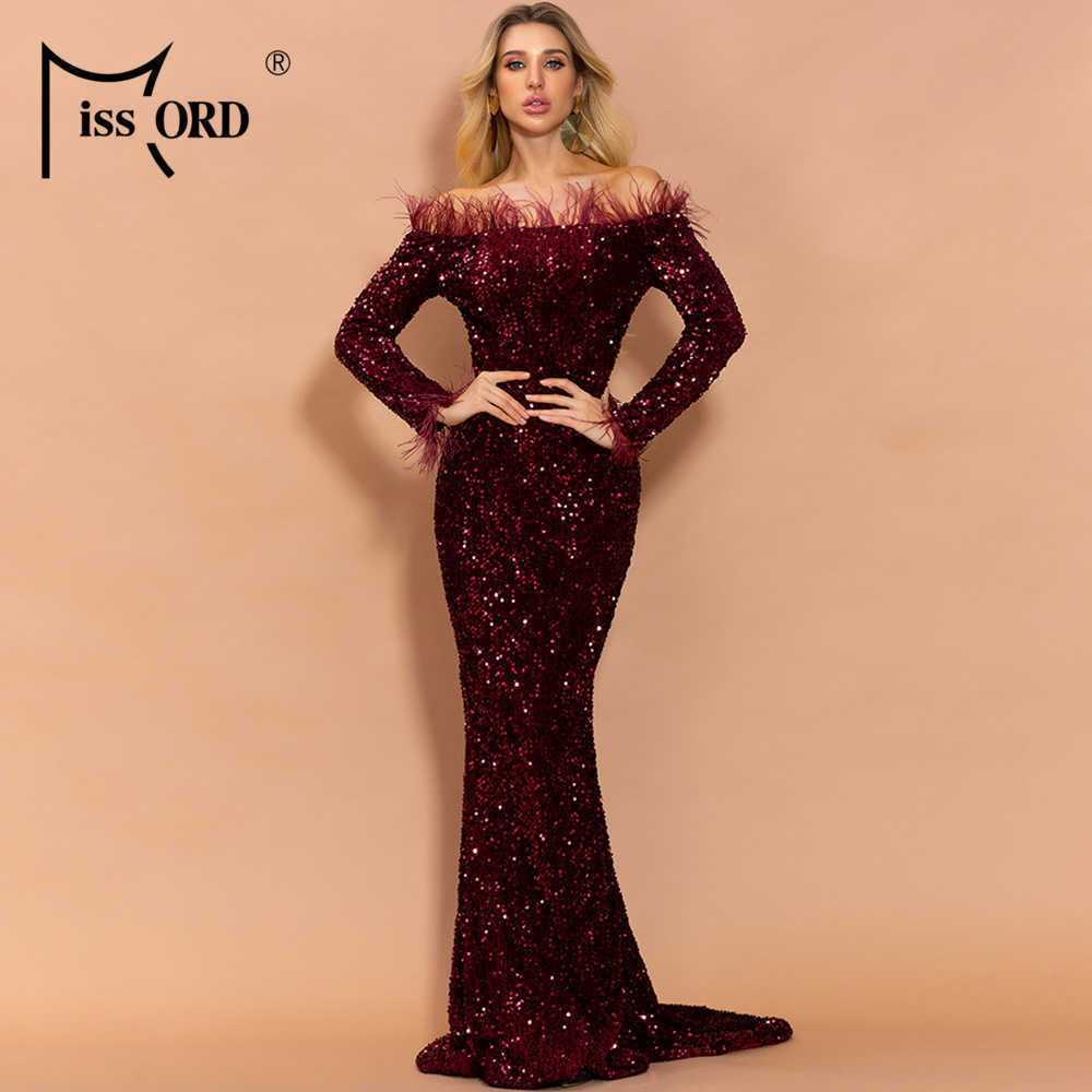 Missord Sexy Off Shoulder Feather Long Sleeve Sequin floor length Evening Party Maxi Reflective Dress Vestdios FT19005 210630