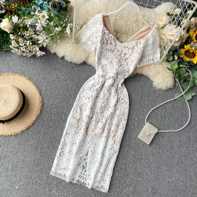 Women's Court Square Neck High Waist Thin Lace Dress Lady Short Sleeve Elegant Vintage Vestidos K328 210527