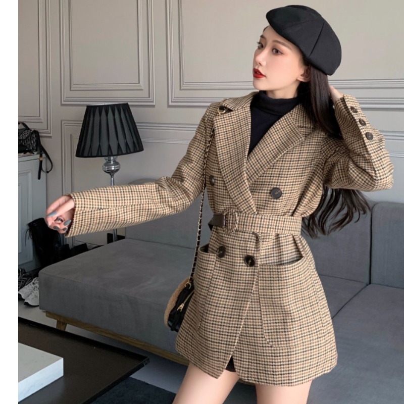 Autumn Vintage Houndstooth Women Jacket Coat Double-Breasted With Belt Long Sleeve Pockets Femme Mujer Chaqueta 210520