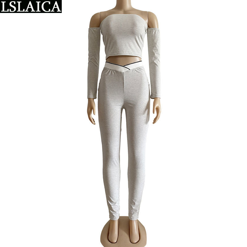Outfits for Women 2 Piece Set Skinny Strapless Long Sleeve Crop Top Pencil Pants Sets Sportswear Solid Plus Size Gym Sweat Suits 210520