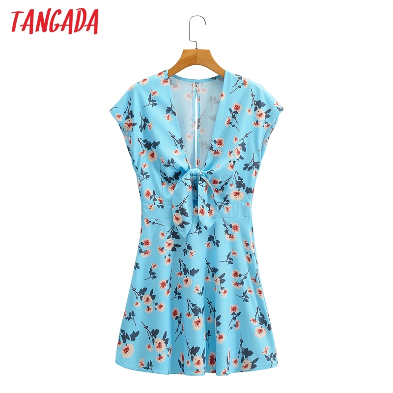 Summer Women Deep V Neck Bow Floral for Beach Short Sleeve Ladies Mini Dress Vestidos 1F102 210416