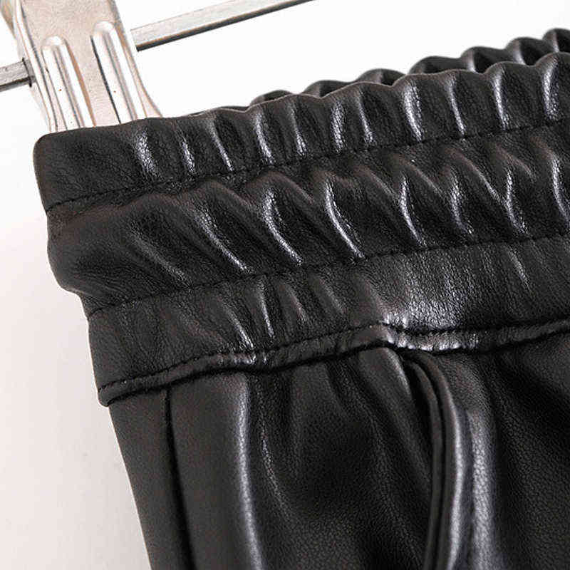 Wixra Pu Leather Pockets Pants Pantalones Mujer Womens Fashion Elastic Waist Lace Up Tie Ankle Trousers Autumn 211115
