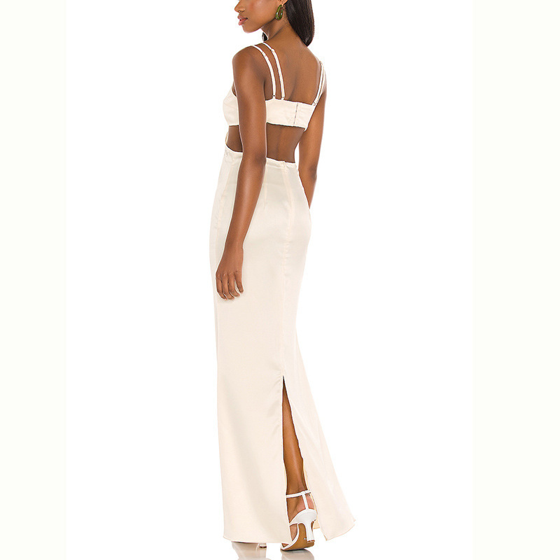 Women Dress Hollow Out V-neck Vintage Sexy White Party Sleeveless Long Girls Summer Fashion 210513