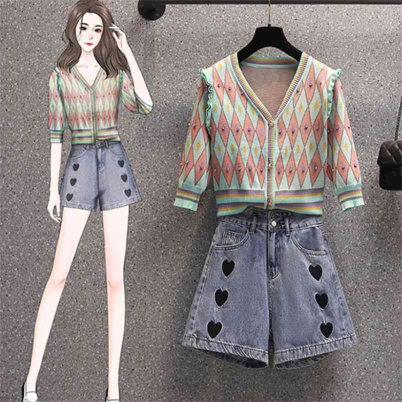 Summer Retro 2 piece Sets Fashion knit Half Sleeve Cardigan Top + High Waist Denim Shorts Suit 210519, Photo color
Summer Retro 2 piece Sets Fashion knit Half Sleeve Cardigan Top + High Waist Denim Shorts Suit 210519, Photo color