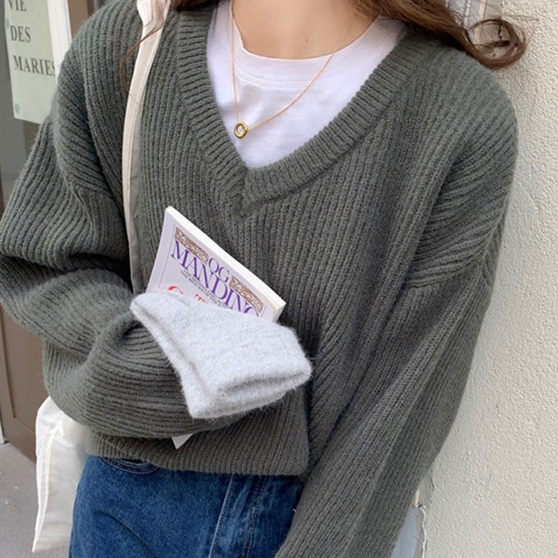 3Colors womens knitted Sweater Autumn and winter loose korean style female Loose V neck Sweaters and pullovers womens (X1716) 210423