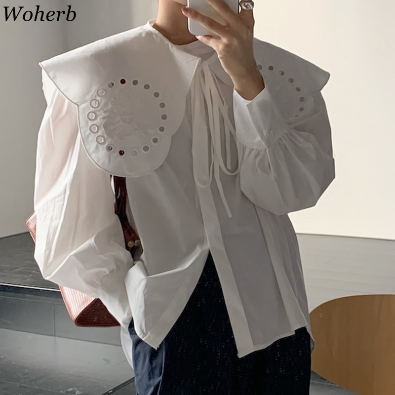 Korean Chic Women Blouses Heavy Embroidery Fall Female Shirt Loose Single Breasted White Blouse Blusas De Mujer Tops 210519