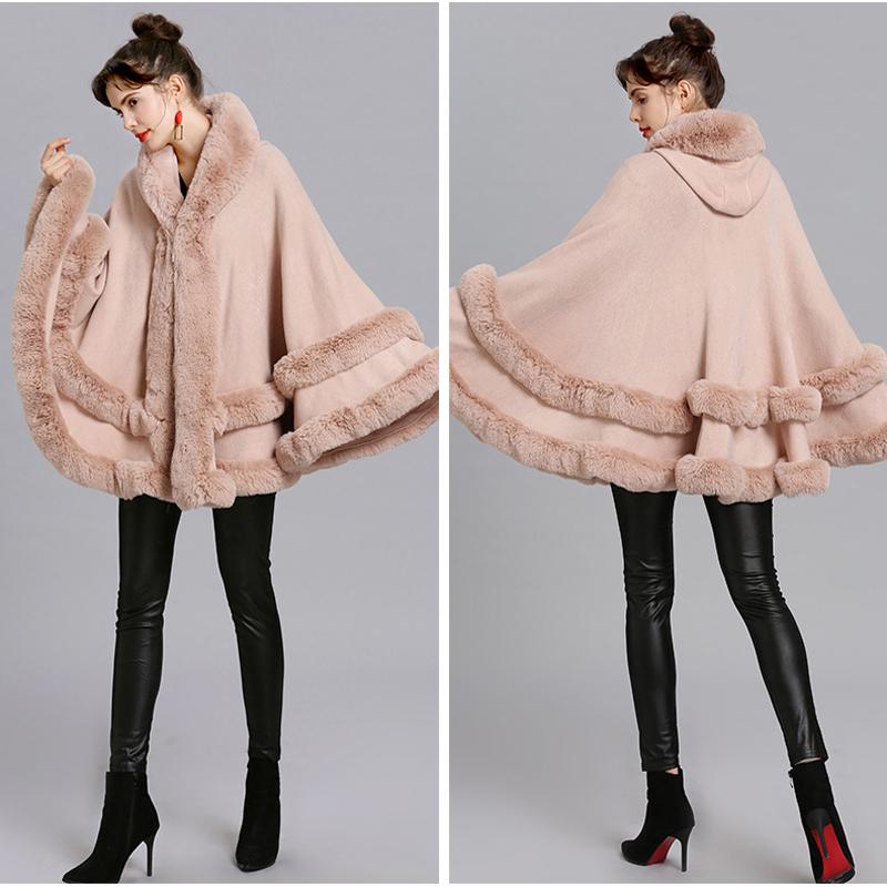 Femme Fourrure Faux Double Couche Luxe Rex Cape Manteau à capuche Châle Hiver Femmes Tricoter Cachemire Poncho Overcoat Plus Taille Gree Taille