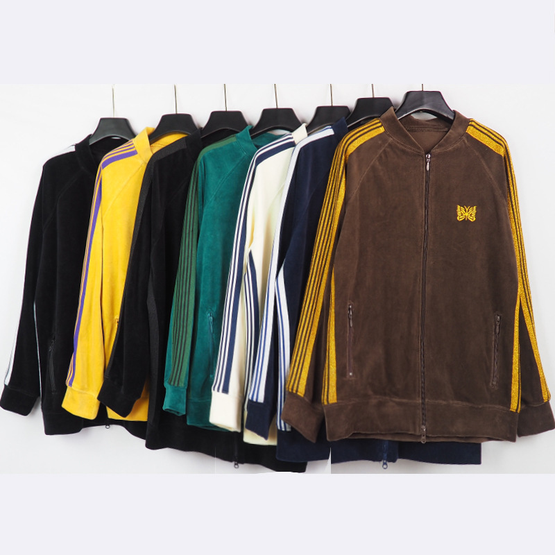 High version needles Butterfly Embroidery zipper jacket men's and women's striped ribbon jacket velvet sports jacket, Black;brown
High version needles Butterfly Embroidery zipper jacket men's and women's striped ribbon jacket velvet sports jacket, Black;brown