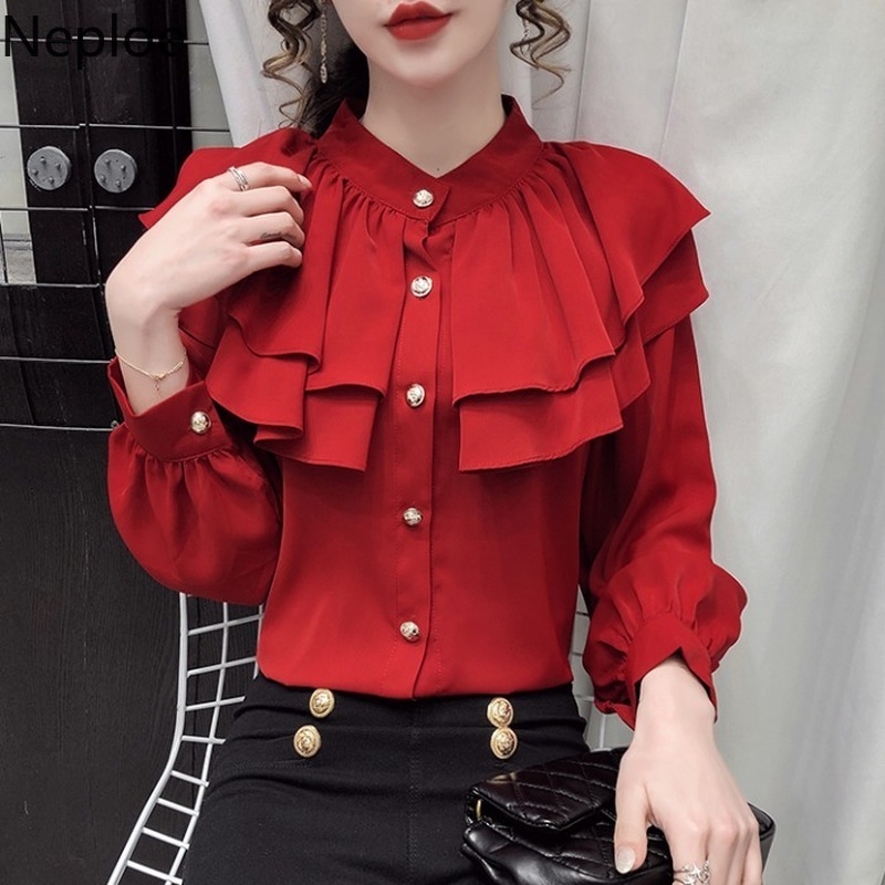 Neploe Korean Blouses Women Fashion Stand Neck Ruffles Shirt Tops Temperament Single-breasted Blouse Office Lady Blusas Mujer 210422
