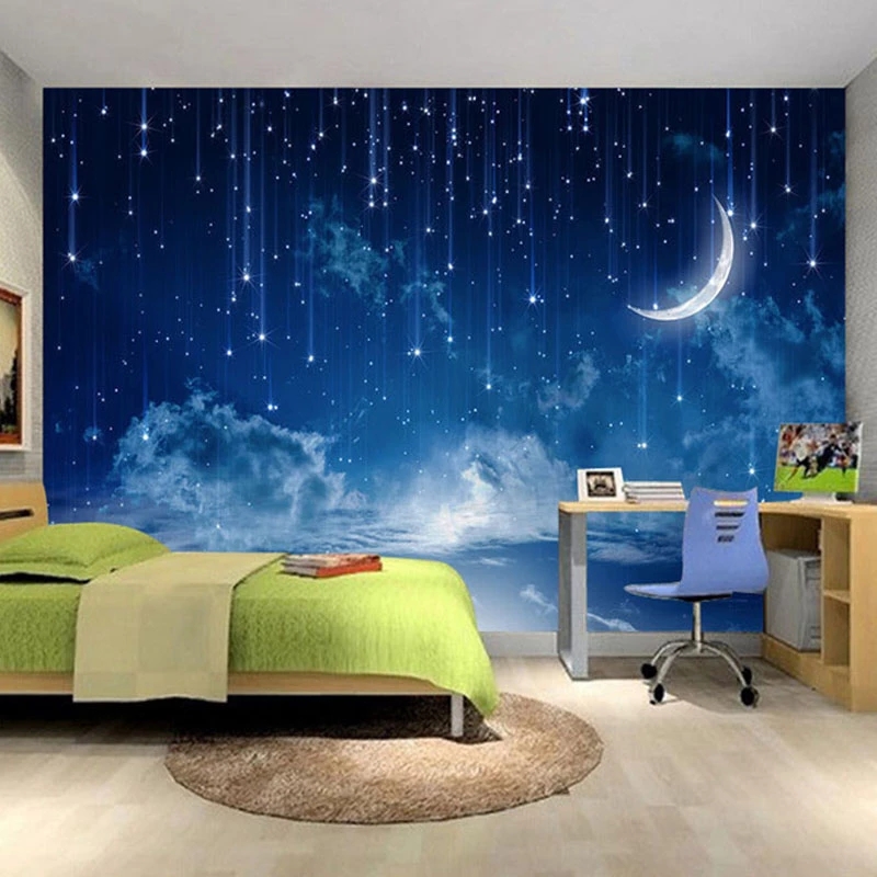 Custom 3D Blue Night Sky Children's Bedroom Backdrop Photo Mural Wallpaper Stereo Landscape Decor