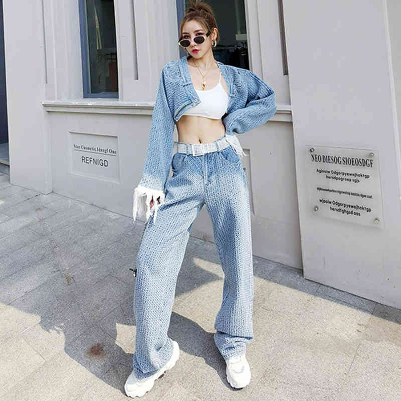 [EAM] Wide Leg Pants Two Piece Blue Denim Tassels Suit Long Sleeve Loose Fit Women Fashion Spring Autumn 1DD6388 210512