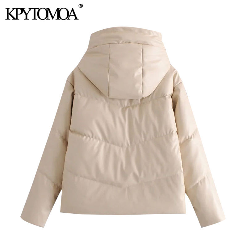 Women Fashion Faux Leather Padded Jacket Thick Warm Parka Coat Long Sleeve Pockets Female Outerwear Chic Tops 210420