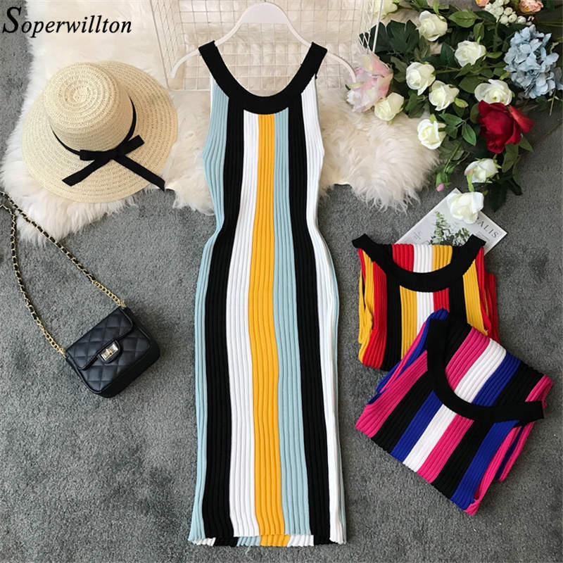 Dresses Women Summer Sleeveless Sexy Pencil Dress Halter Stretch Striped Spring Tank Vestidos Bodycon Knitted Sweater C66 210331
