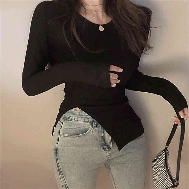 Autumn Long Sleeve Top Korean Split Round Neck White Blouse Casual Base Black Shirt Women Office Blusas 11614 210415
