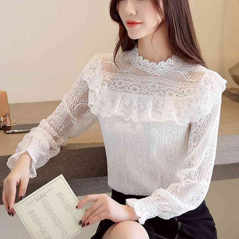 Lace top Spring Korean Fashion Hollow Long Sleeve White shirt Female Ruffled Plus Velvet blouse Shirts 809E 210420