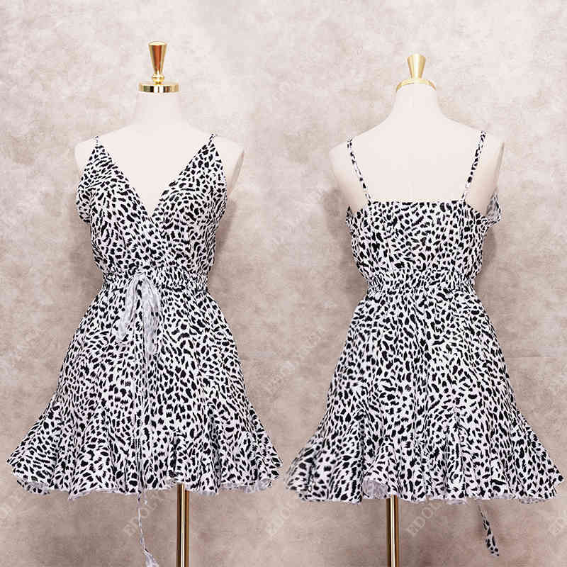 Sexy Black White Leopard Bikini Cover-ups Fashion Spaghetti Strap Deep V-neck Mini Dress Summer Women Tunic Beach Cover Up A458 210420