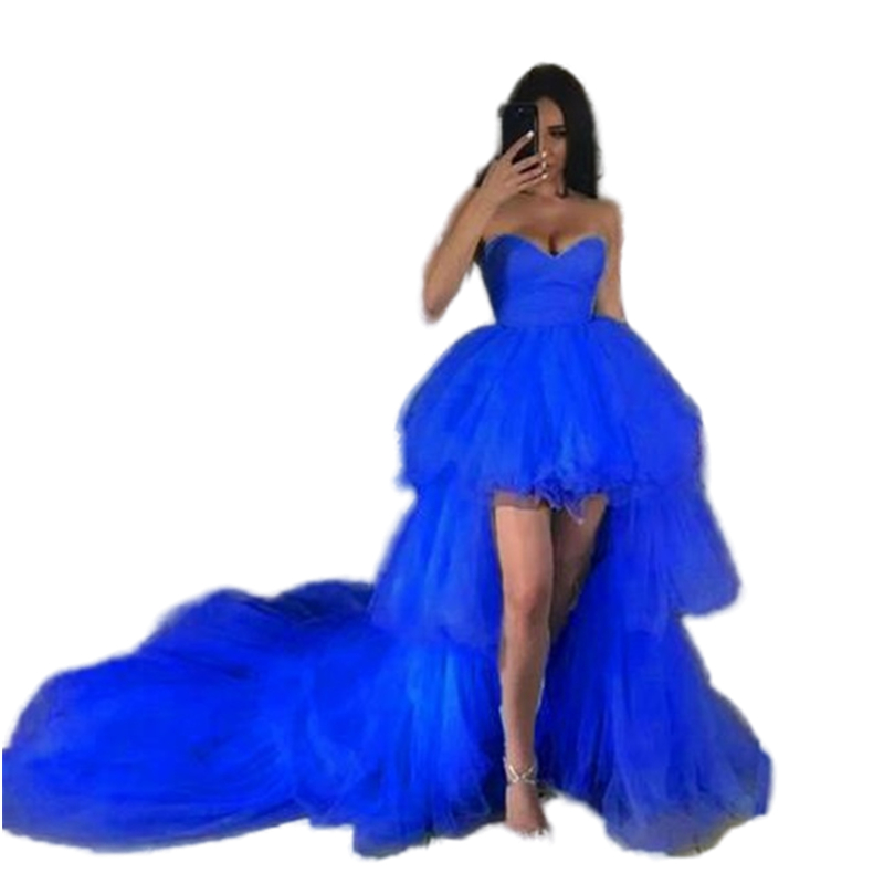 2022 Royal Blue High Low Prom Dresses Sweetheart Ruffles Tiered Tulle Short Front Long Back Special Occasion Party Dress Girls Graduation Evening Gown
