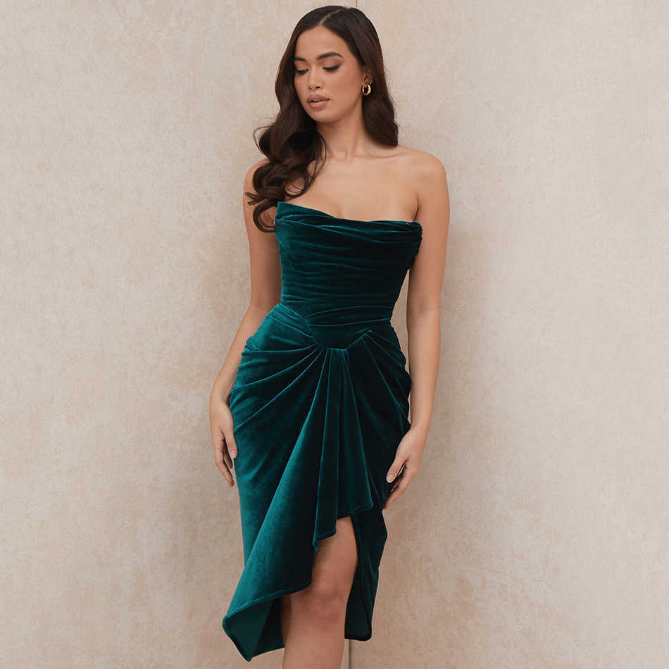 Ladies Strapless Sexy Party Dresses For Important Occasions Green Draped Tube Top Velvet Dress 210527