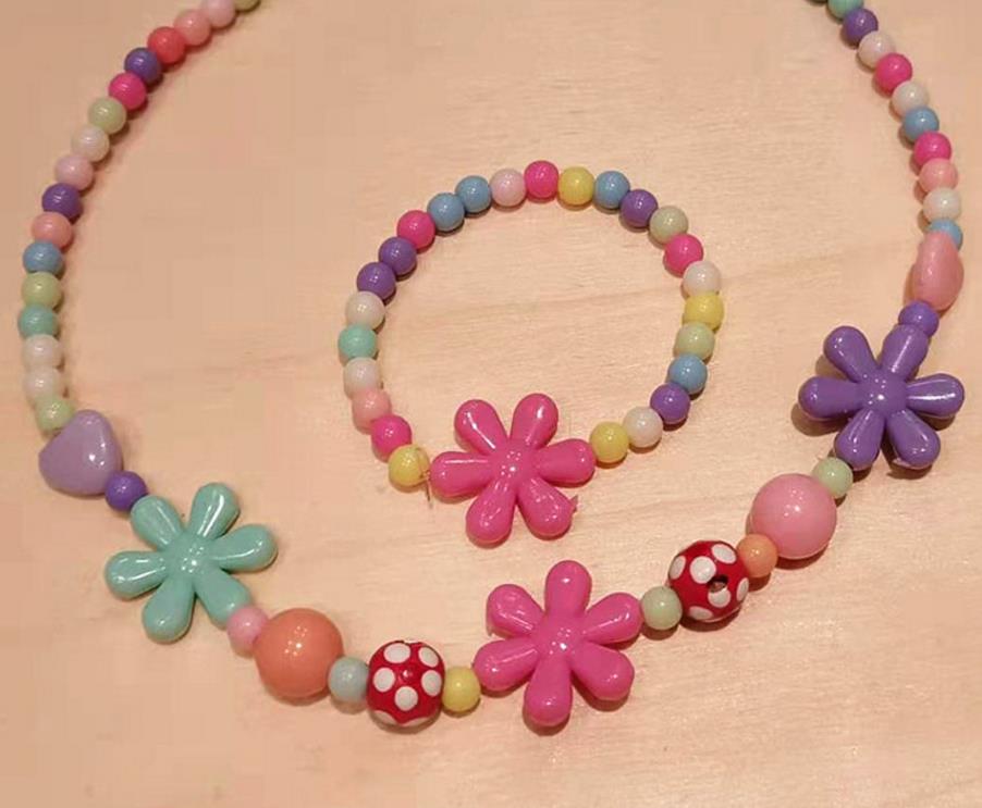 Kids Beaded Necklace Bracelet Jewelry Set Fashion Cute Pink White Pearl Pendant Accessories