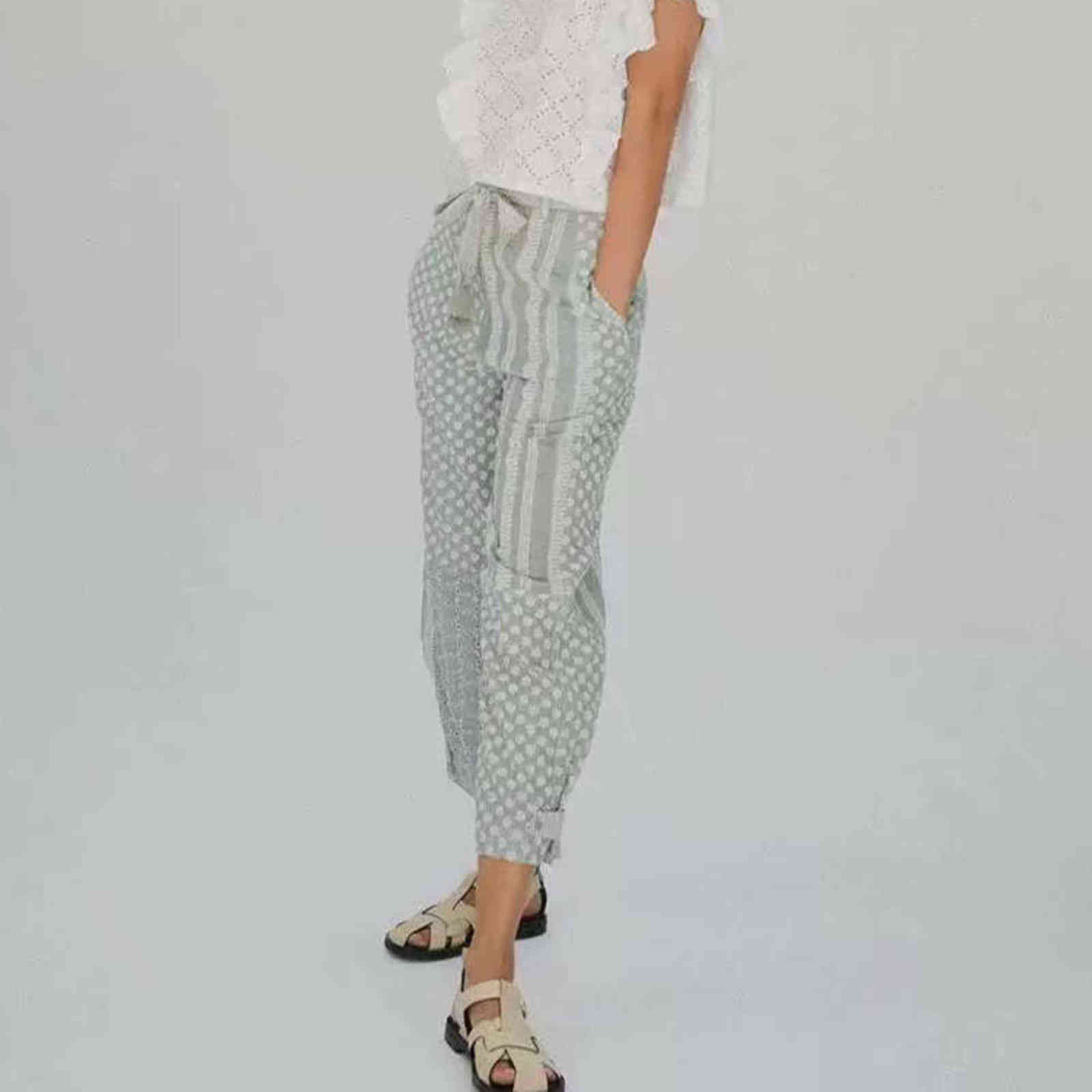 Women Summer Chic Fashion Patchwork Embroidery Wide-leg Pants Vintage High Waist Side Pockets Female Trousers Mujer 211115