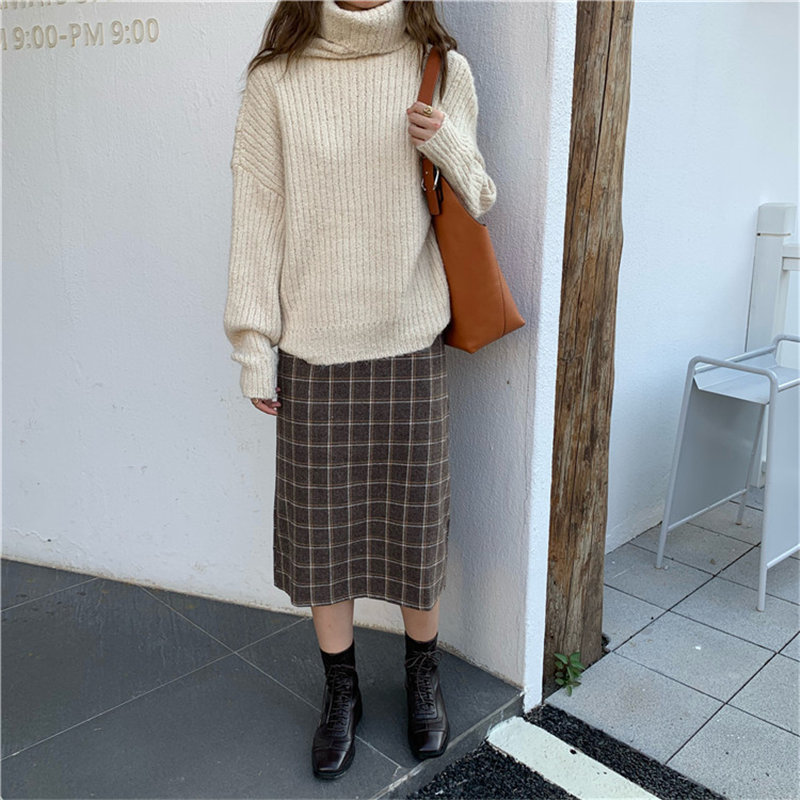 Streetwear Plaid Plus Size Fashion Female Geometric OL Elegant Vintage High Waist Retro Skirt Long Skirts 210421